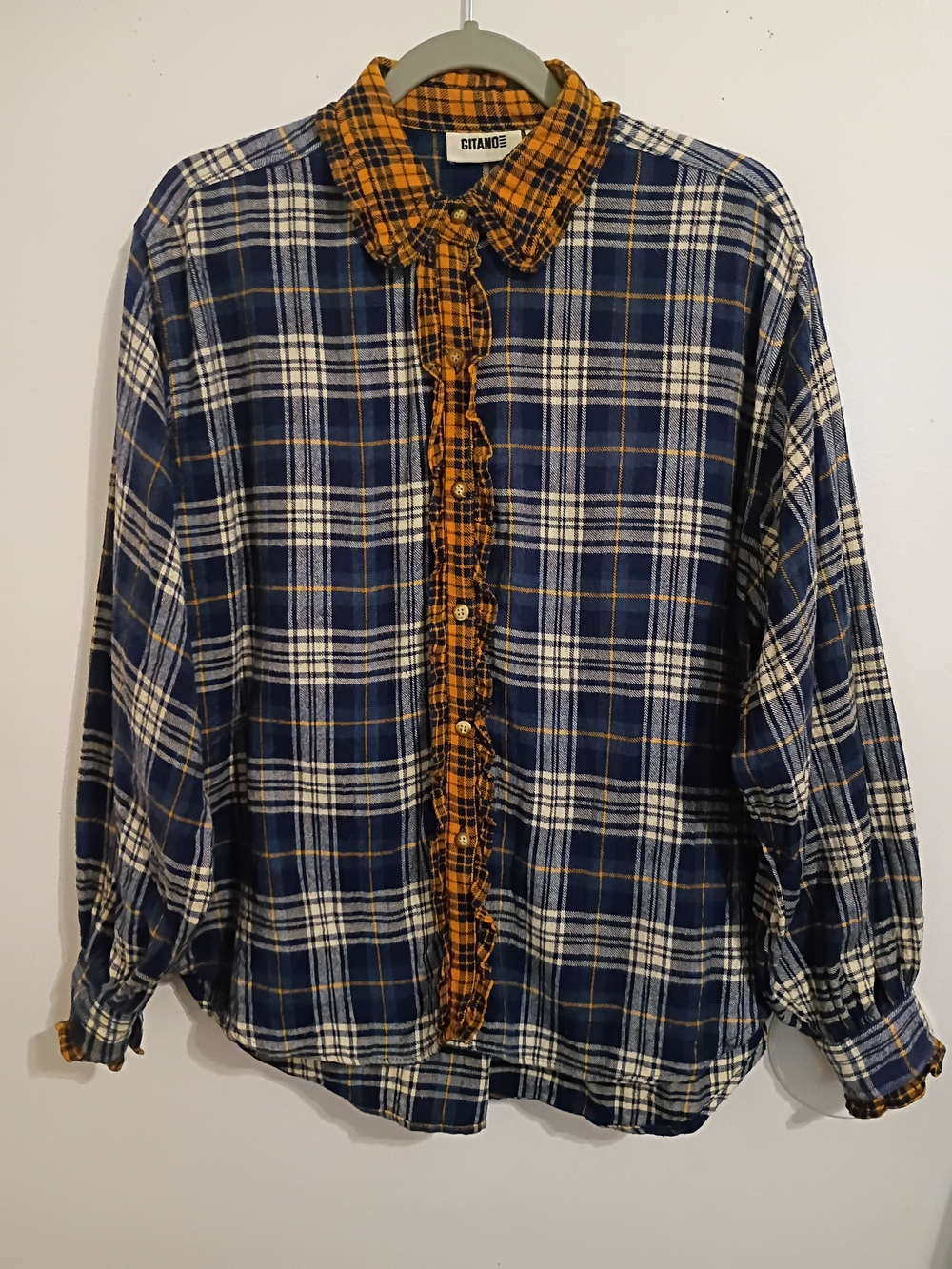 VTG Gitano Women's Navy and Mustard Plaid Ruffle-Trim Button Up Flannel Shirt Sz